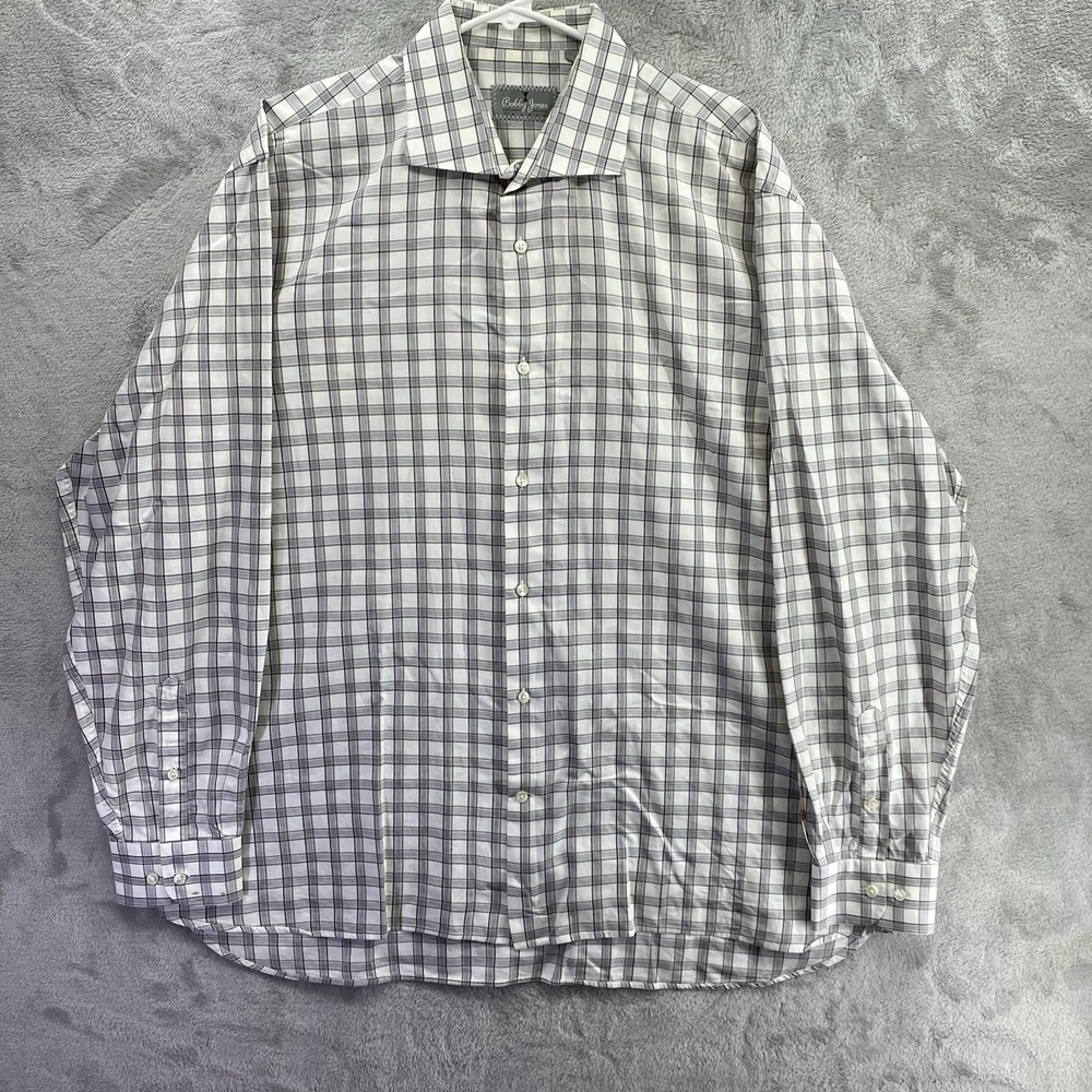 Bobby Jones Trophy Button Down Shirt Mens XL White/Grey Plaid Cotton Formal EUC!